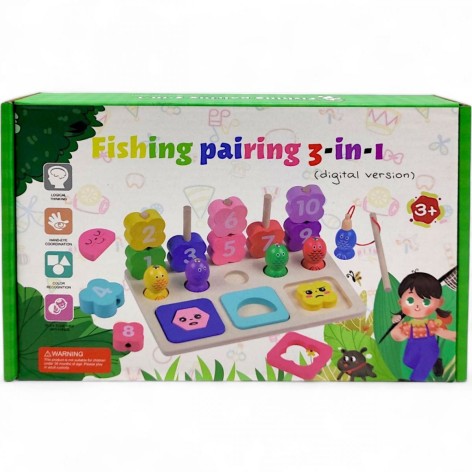 Логическая игра 3в1, деревянная (вкладыши, пирамидки, магнитная рыбалка, в коробке)