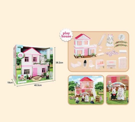 Будиночок, 2 поверхи, меблі, підсвічування, флоксова фігурка кролика, в кор. /6/