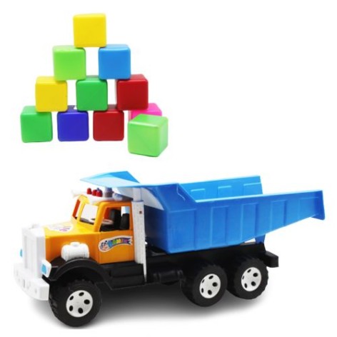 Машинка Фарго з кубиками жовта з синім кузовом.