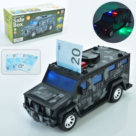 Машина военная, 26см, скарбничка, музыка, свет, ездит, деньги, 2 режима, на бат-ц, в кор-це, 27,5-12,5-12см 