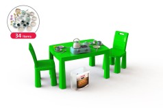 Кухня детская зеленая (34 предмета, стол и 2 стула) Фламинго