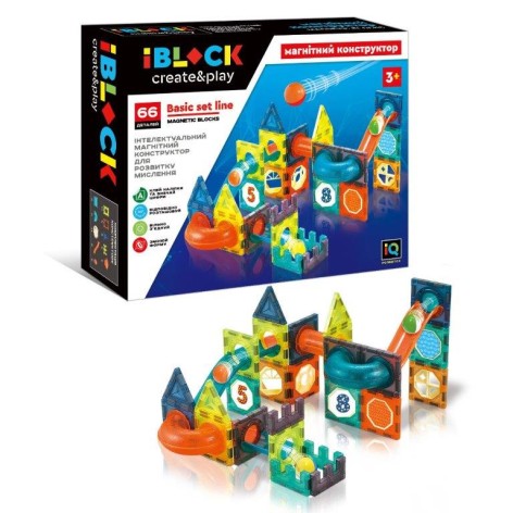 Конструктор магнитный iBlock 66дет., наклейки с цифрами для изучения в комплекте, в коробке 31*8*25см 