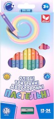 Карандаши цветные трехгранные двухсторонние пастельные цвета + точилка &ndash; 24 цвета (12 шт.)