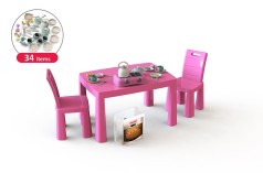 Кухня дитяча рожева (34 предмети, стіл та 2 стільці) Фламінго