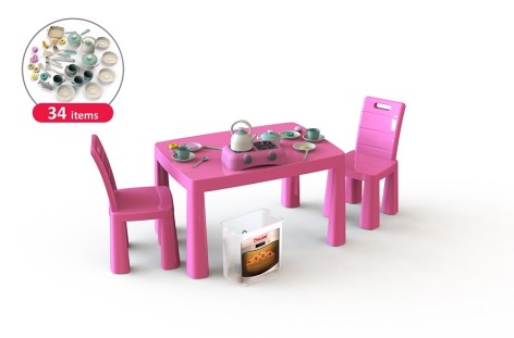 Кухня детская розовая (34 предмета, стол и 2 стула) Фламинго