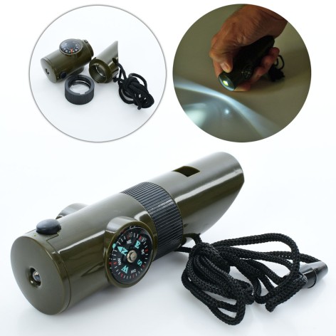 Свисток 10см, 7в1, на шнурке, компас, градусник, лупа, фонарик, в кор-ке 10-3-3см 