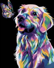 Набір для розпису по номерах Поп-арт собака з метеликом Strateg на чорному фоні 40х50 см (AH1047)
