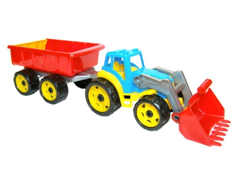 Трактор игрушечный с ковшом и прицепом.