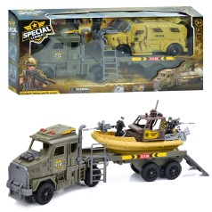 Набір з фігурками військовий, транспорт 2шт(трейлер), солдати, зброя,2 види(човен, машина), в кор-ці, 64-28-12,5см /12/