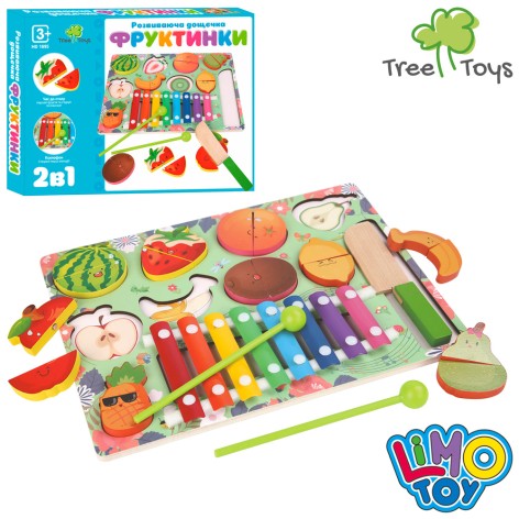 Дерев'яна іграшка Багатофункціональна дощечка фрукти-пазли, ксилофон, кор., 30,5-23,5-3 см. 