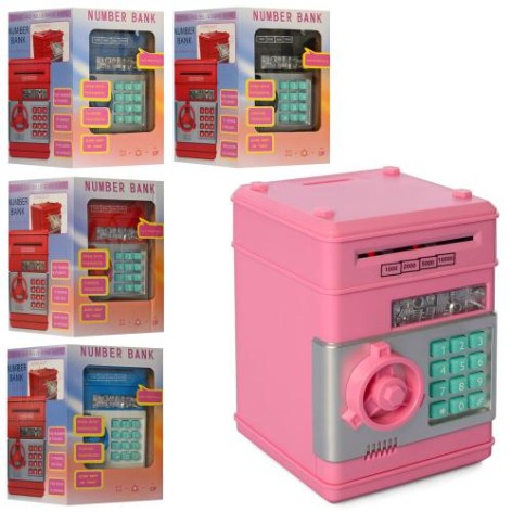 Копилка сейф с кодом, затяж.купюры,микс цветов,звук,свет,бат,кор,15-21-15см 