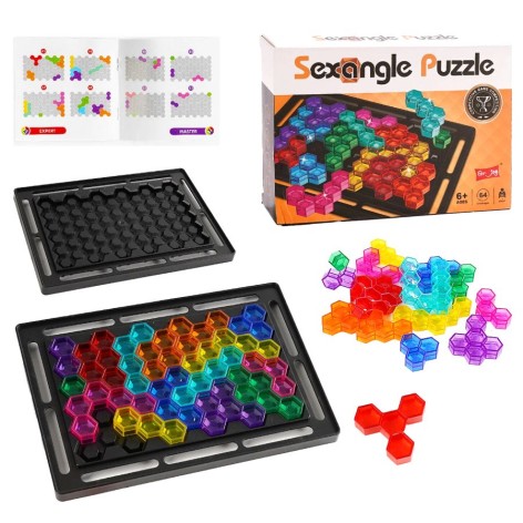 Логічна гра-головоломка Sexangle Puzzle двостороннє поле, 16 кольорових елементів, інструкція із завданнями, в коробці