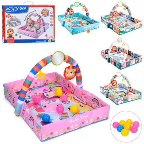 Килимок для немовляти 86-68см, 2в1(манеж, застібки липучки, 68-48см), дуга, підвіски 3шт (пискавка, дзеркало, прорізувач), кульки, 5 видів, в кор-ці, 58-41-7,5см /10/