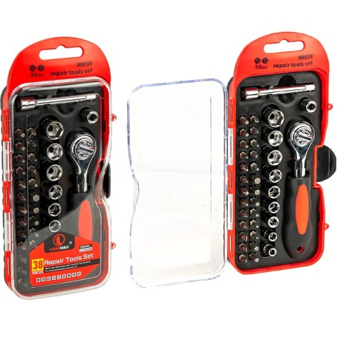 Набір інструментів 38 предметів у кейсі, біти та торцеві головки з тріскачкою 90038