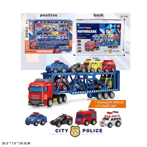 Трейлер інерційний City Police 8 машин у наборі, у коробці 35*7*26 см