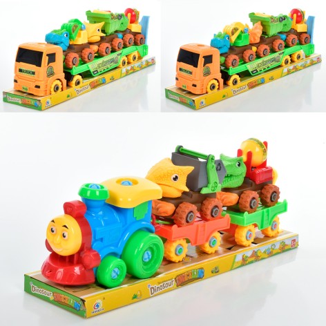 Конструктор на шурупах, машинка-динозавр 11см, викрутка, ключ, 2 види (потяг, трейлер), у слюді, 43-15-10см 