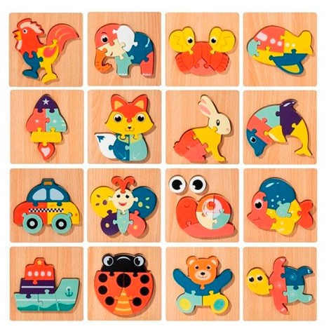 Дерев'яна іграшка Пазли мікс видів (тварини, транспорт, комахи, морські мешканці), у п/е, 15-15-1см 