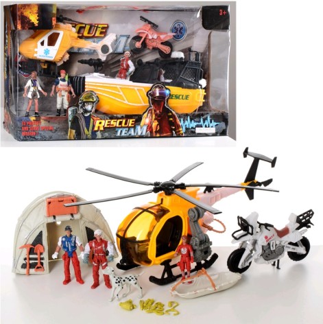 Набор спасателей вертолет, мотоцикл, фигурки, 2 вида (катер/палатка), в коробке, 50-27-12 см