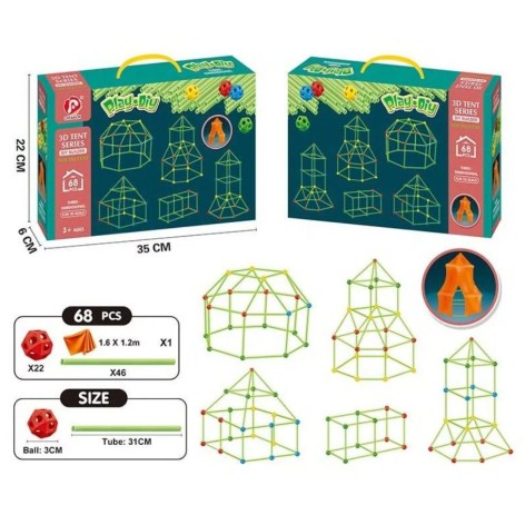Намет-конструктор 68 деталей, люмінесцентні палички, світитися у темряві, одеяло, в коробці