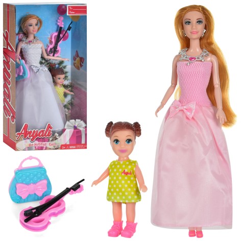 Лялька 29см, шарнірна, донька 11см, сумочка, скрипка, 2види, в кор-ці, 18-33-6,5см 