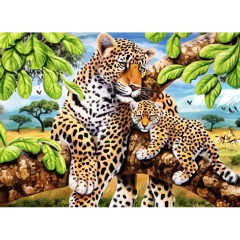 Алмазная мозаика Strateg Леопард с детенышом без подрамника размером 50х65 см