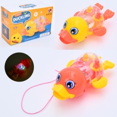 Музична іграшка качка, 19,5см, шестерні, музика, світло, їздити, рухливі деталі, каталка(на шнурі), 2 кольори, на бат-ці, в кор-ці, 20-14-9,5см 