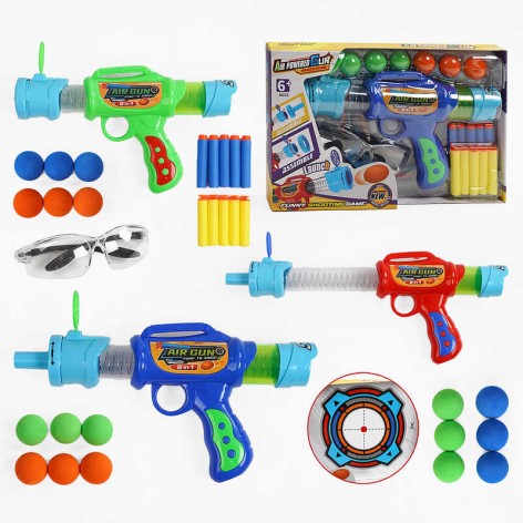 Пістолет помповий, 10 м'яких патронів, 6 м'яких кульок для стрільби, захисні окуляри, картонна мішень, у кор, мікс видів 