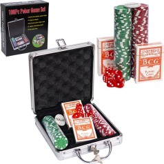 Набор для покера, 100 фишек, 2 бревна карт, кубики, в чемоданчике из алюминия 20*20 см /8/