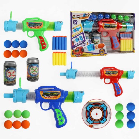 Пістолет помповий, 10 м'яких патронів, 6 м'яких кульок для стрільби, картонна та 2 пластикові мішені, у кор, мікс видів 