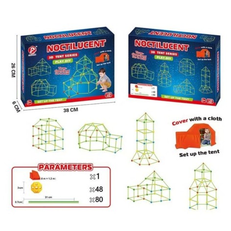 Намет-конструктор 128 деталей, люмінесцентні палички, світитися у темряві, одеяло, в коробці