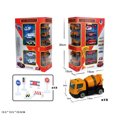 Набір машин металевих 2 види, транспорт15 + знаки дорожнього руху12, кор. 19*10,5*29,5см 