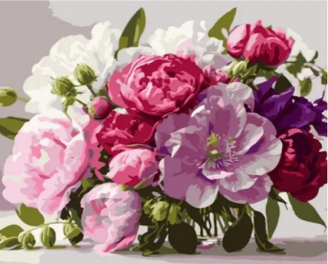 Набір для розпису за номерами Барвистий букет півоній Strateg на кольоровому фоні розміром 40х50 см (MZ020)