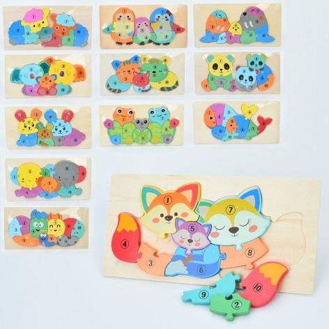 Дерев’янна іграшка Пазли тварини, родина/сім’я, 10дет, 12 видів, у п/е, 30-15-1см 