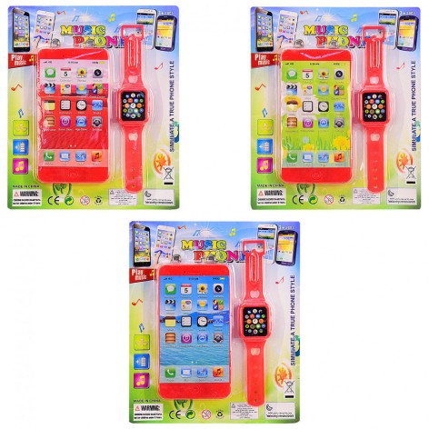 Іграшковий мобільний телефон 3 види, на батарейках, з наручним годинником, звук, розмір іграшки 7.5*14*1.3 см, на планшtnt 18*21.5*1.5 см