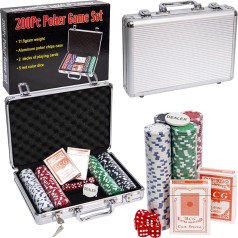 Набор для покера, 200 фишек, 2 бревна карт, кубики, чемодан 20*20*6,5 см, в кор. 24*24*7 см /6/
