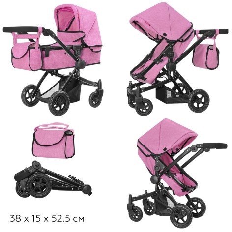 Коляска для куклы 2в1 CARRELLO MAESTRO 9651B PINK с сумкой металл.кор.52,5*15*38 