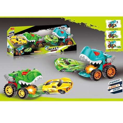 Набор машинок 4шт, машинка-динозавр/трек на запуске 2шт, 18см, машинка 7см 2шт, в кор-ке, 45-16-12,5см 