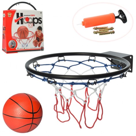Баскетбольне кільце дитяче металеве, 32 см, сітка, м'яч, насос, в коробці, 32-39-8см