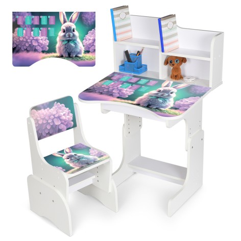 Парта N 2071-1-1 (1шт) со стульчиком, 69*45см, регул.высота 67см/75см, зайчонок, таблица умножения, белый