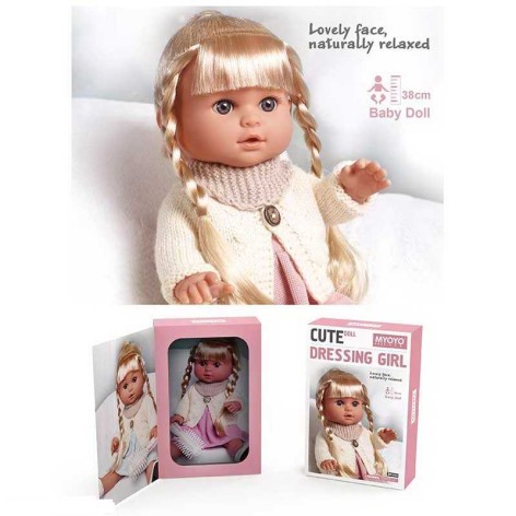 Лялька 38 см, гумова імітація скляних очей, взуття, розчіска, в кор. 29*11,5*44 см 