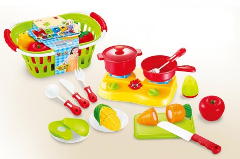 Іграшковий набір овочів та фруктів на липучці, плита, каструля, аксесуари для приготування, в кошику 11*24*16 см