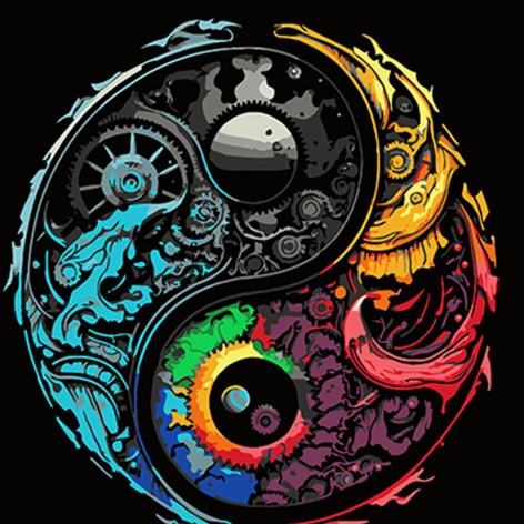 Набір для розпису за номерами Барвистий символ Інь Ян Strateg на чорному тлі розміром 40х40 см (AV4040-76)