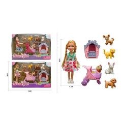 Лялька 2 види, висота ляльки 14 см, гумова голова, 5 фігурок тварин, лялька, будка, візочок, рухомі деталі, в кор. 