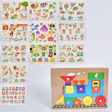 Дерев'яна іграшка Рамка-вкладиш  з ручкою, мікс видів (цифри, фігури, тварини, динозаври, фрукти, транспорт),у п/е, 30-22,5-2см 