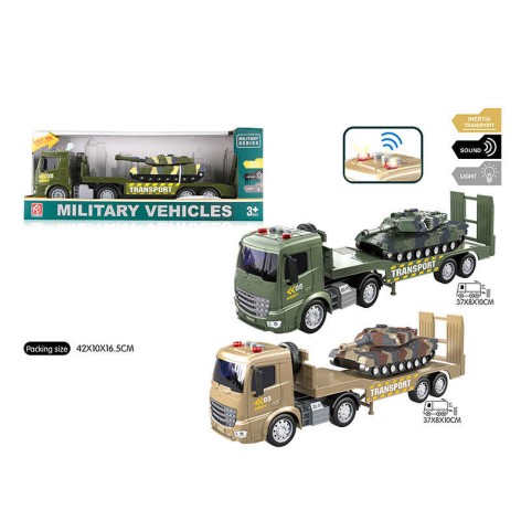 Трейлер 2 цвета, военный, танк, звук, подсветка, инерция, на батарейках, в коробке 