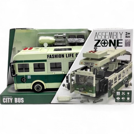 Пластиковая машинка "Автобус" зеленый (звуки, подсветка салона, конструктор, инерция, отвертка, подвижные детали, в коробке)