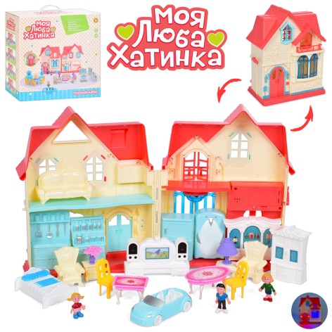 Домик 48-31см, автомобиль 12см, фигурка 6см 3шт, мебель, звук, свет, на бат-ке. в кор-ке, 33-32-15см 