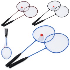 Бадмінтон ракетки 2шт (60см, метал), дерев'яна ручка, 1 волан 7см, 3 кольори, в сітці, 60-20-3см /50/