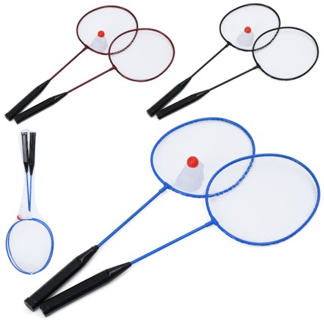 Бадмінтон ракетки 2шт (60см, метал), дерев'яна ручка, 1 волан 7см, 3 кольори, в сітці, 60-20-3см /50/