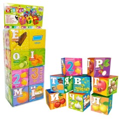 Кубики 10950 "4FUN Game Club", "Їжа", 6 штук, мʼякі, водонепроникна тканина, літери, цифри, арифметичні знаки, в пакеті